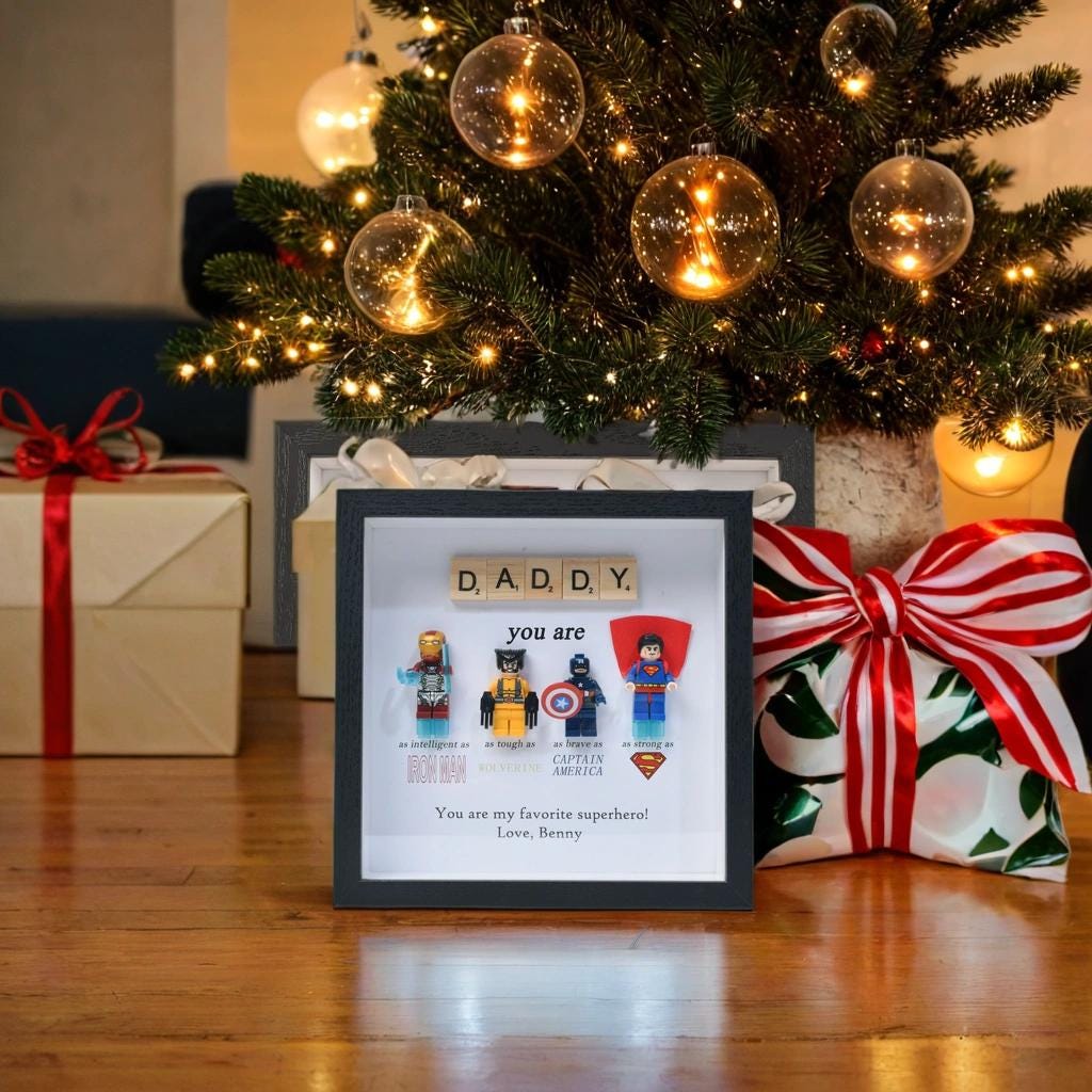 Gifts for dad: Set of 4 superhero figures | Personalised Framed Wall Hanging | Birthday gifts | Christmas Present