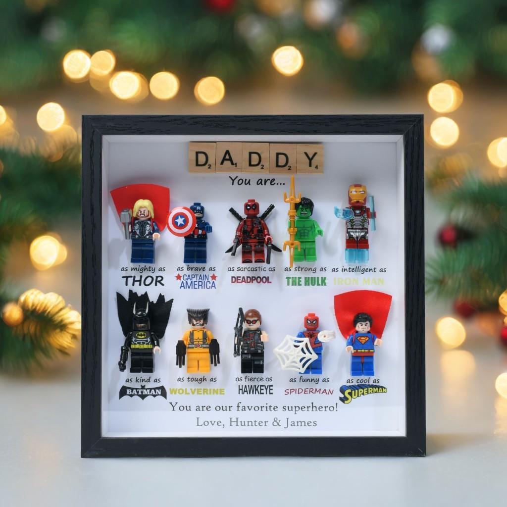 Gifts for dad: Set of 10 superhero figures | Personalised Framed Wall Hanging | Birthday gifts | Christmas Present