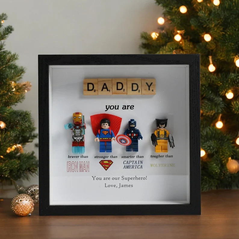 Gift for Dad: Set of 4 Superhero Figures | Personalized Framed Wall Hanging | Birthday Gift | Christmas Present