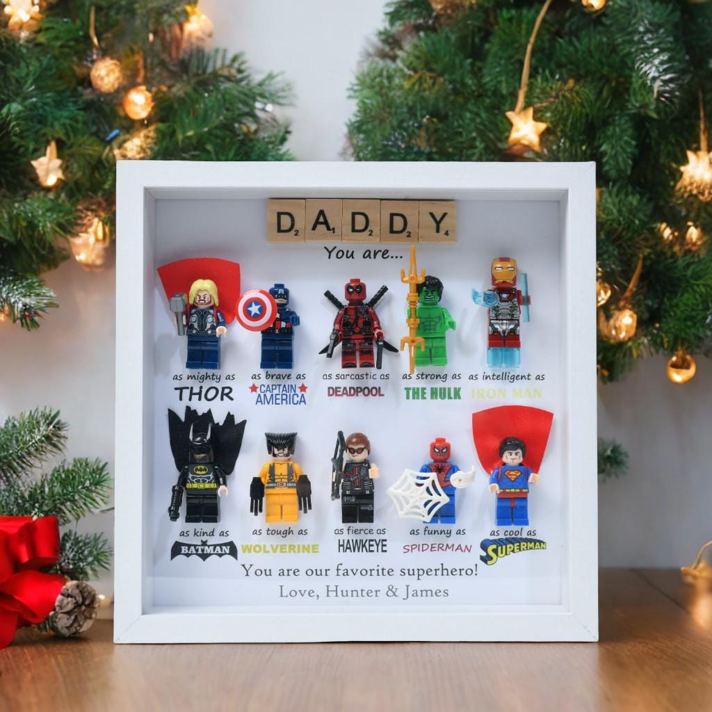 Gifts for dad: Set of 10 superhero figures | Personalised Framed Wall Hanging | Birthday gifts | Christmas Present
