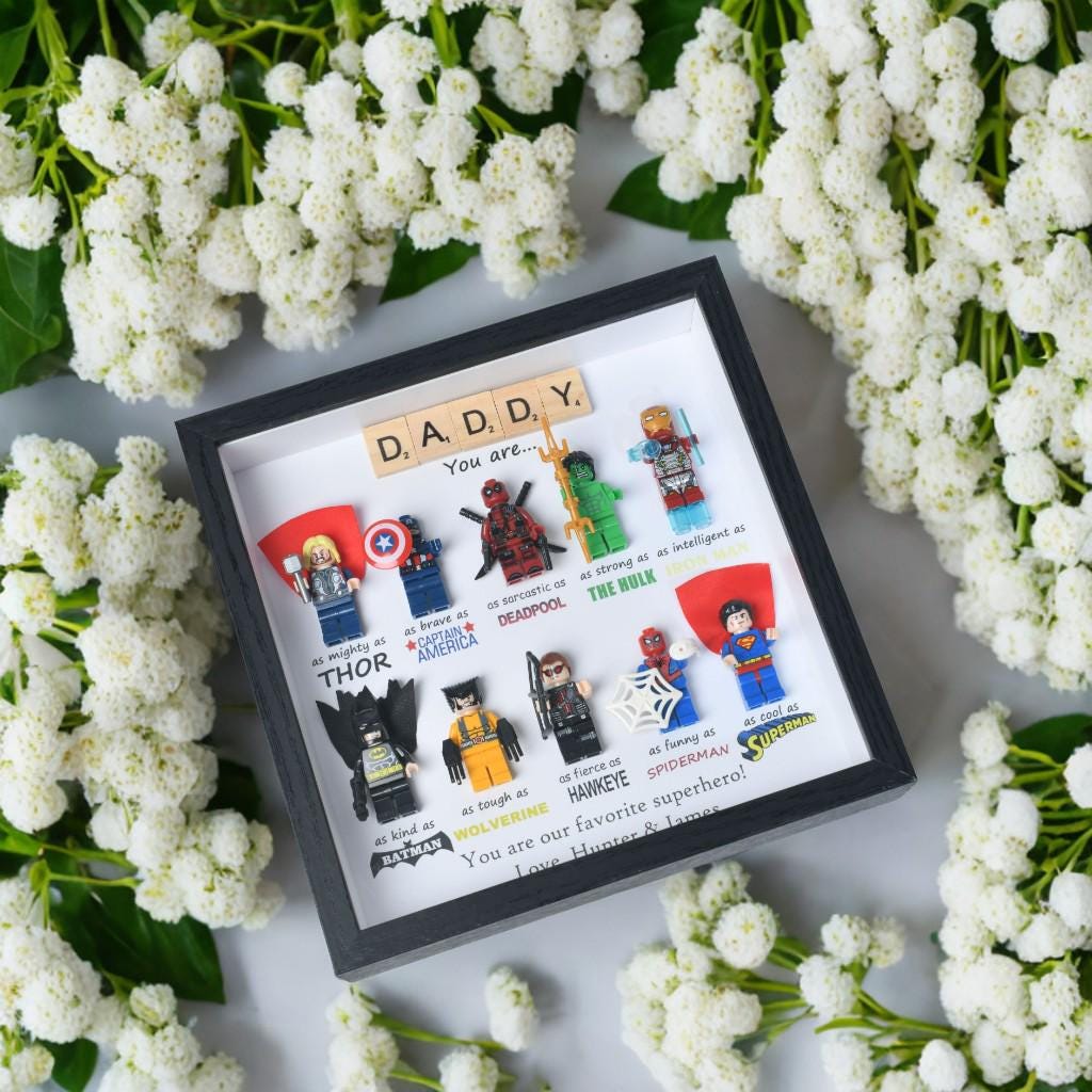 Gifts for dad: Set of 10 superhero figures | Personalised Framed Wall Hanging | Birthday gifts | Christmas Present