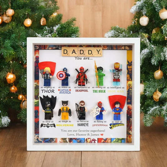 Personalised superhero gift for daddy: Set of 10 superhero figures | Personalised Framed Wall Hanging | Birthday gifts | Christmas Present