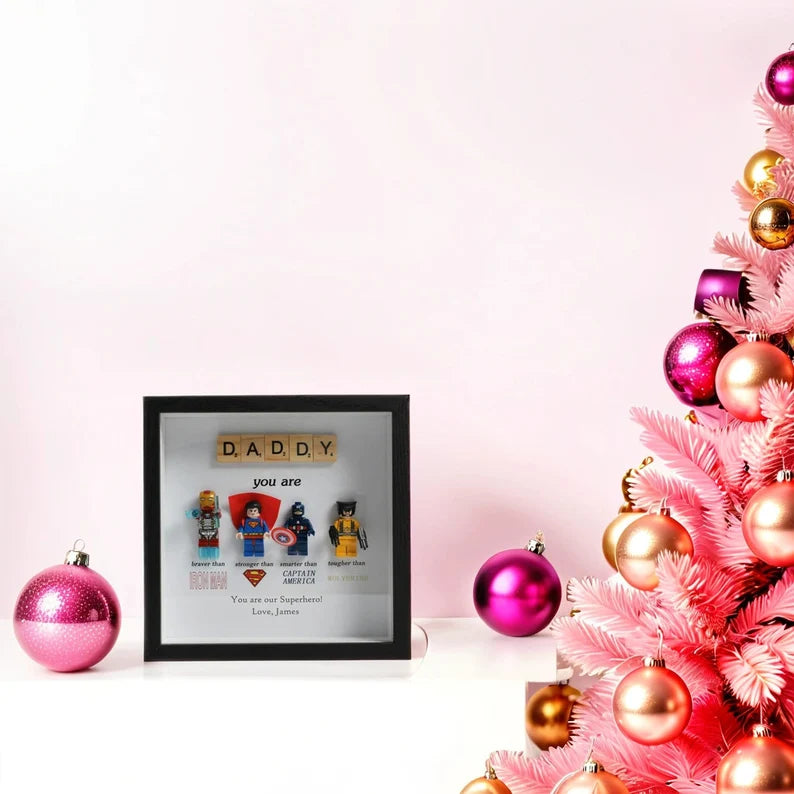 Gift for Dad: Set of 4 Superhero Figures | Personalized Framed Wall Hanging | Birthday Gift | Christmas Present