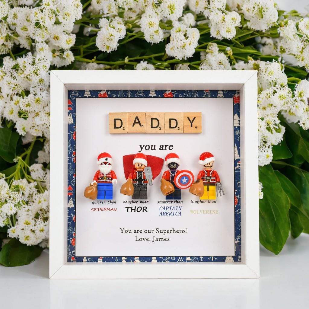 Gifts for dad: Set of 4 superhero figures | Personalised Framed Wall Hanging | Birthday gifts | Christmas Present